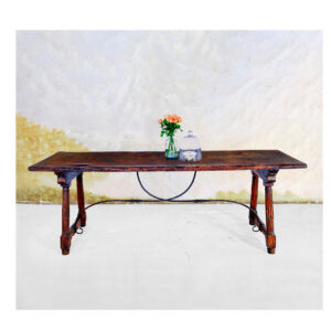 Spanish table in walnut and wrought iron