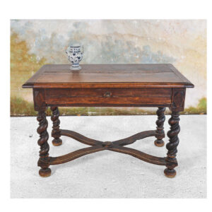 Oak table, turned wooden legs, 1 drawer